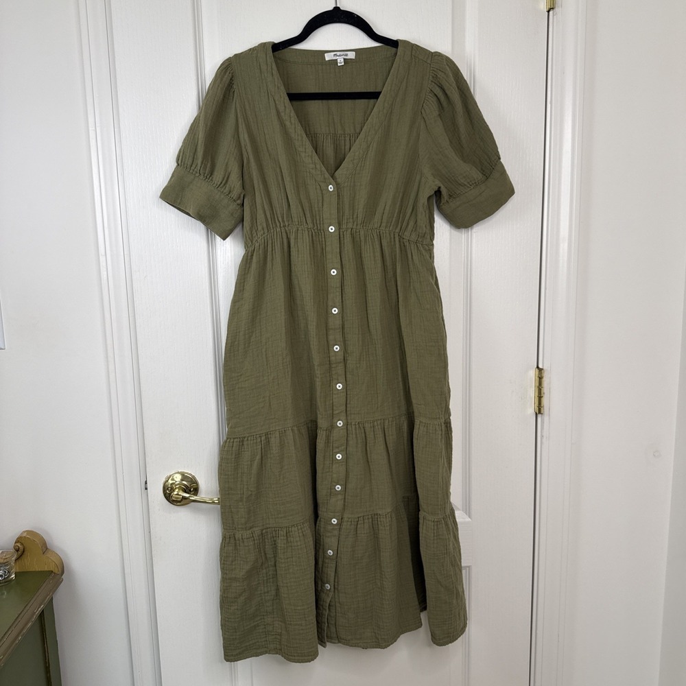 Madewell Womens 6 Olive Green Double Gauze Tiered Midi Dress Button Front Puff